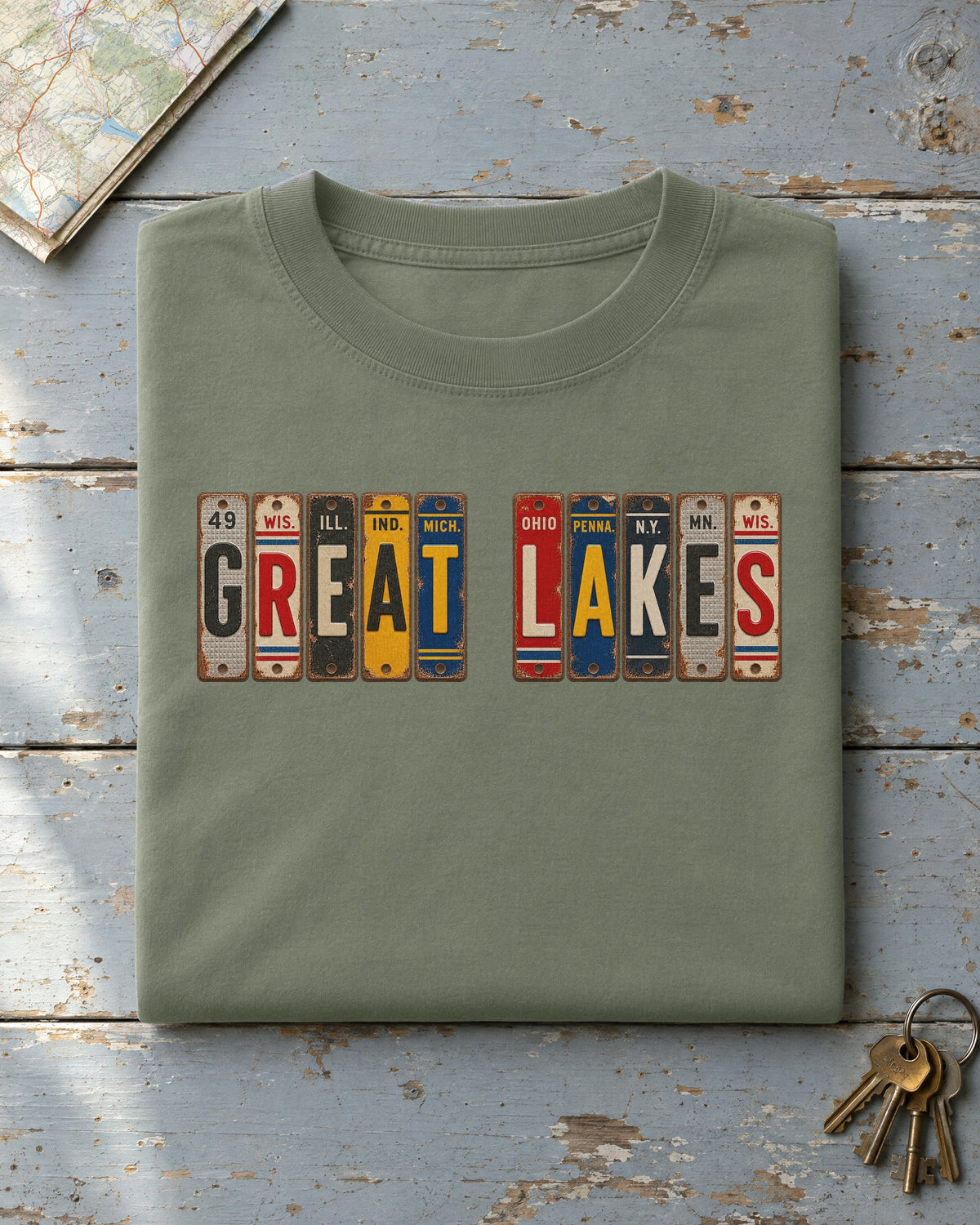 Great Lakes vintage license plate t-shirt in Moss