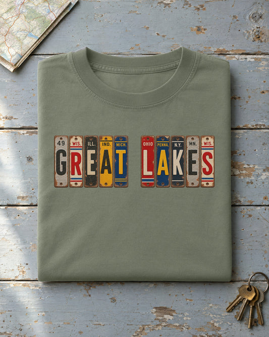 Great Lakes vintage license plate t-shirt in Moss