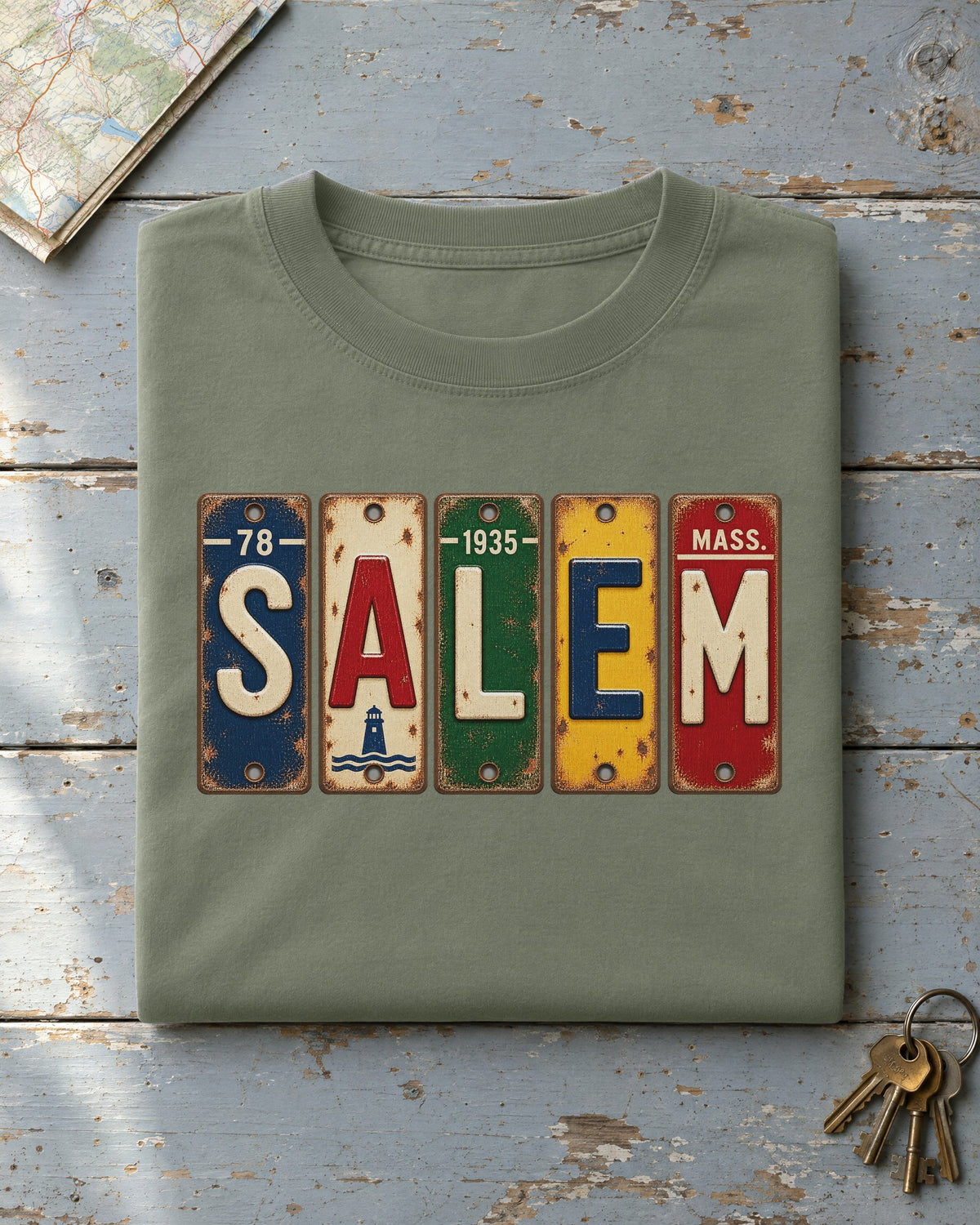 Salem, Massachusetts vintage license plate t-shirt in Moss