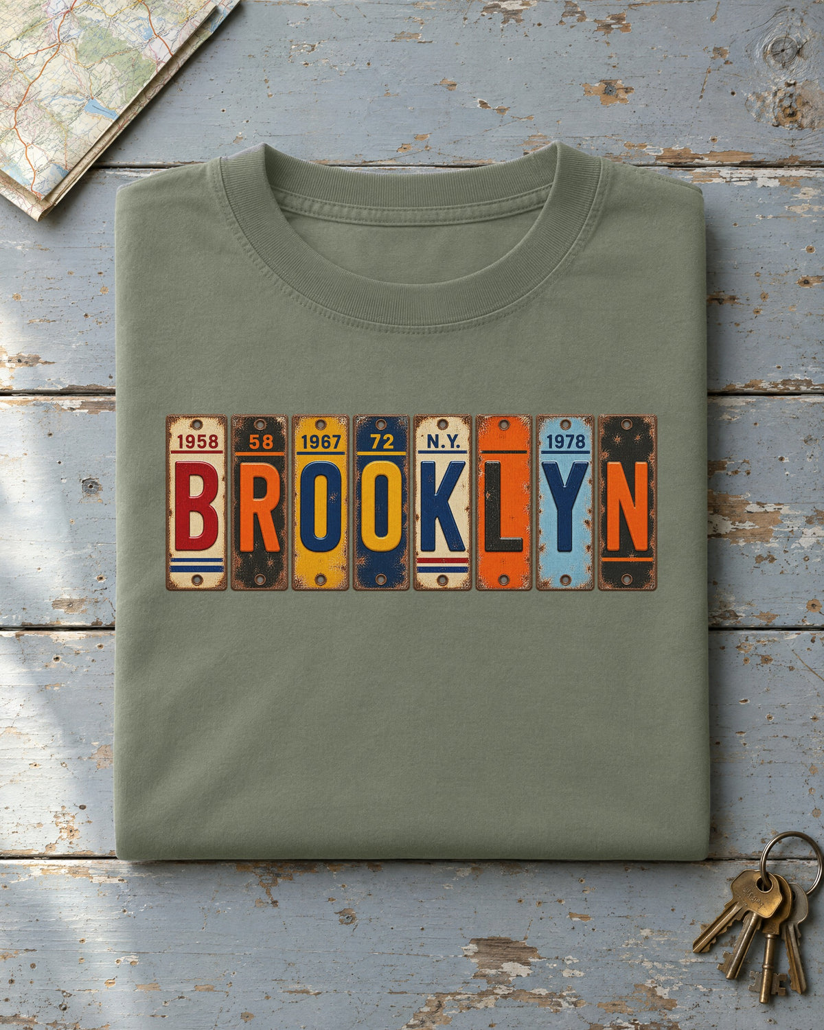 Brooklyn, New York vintage license plate t-shirt in Moss