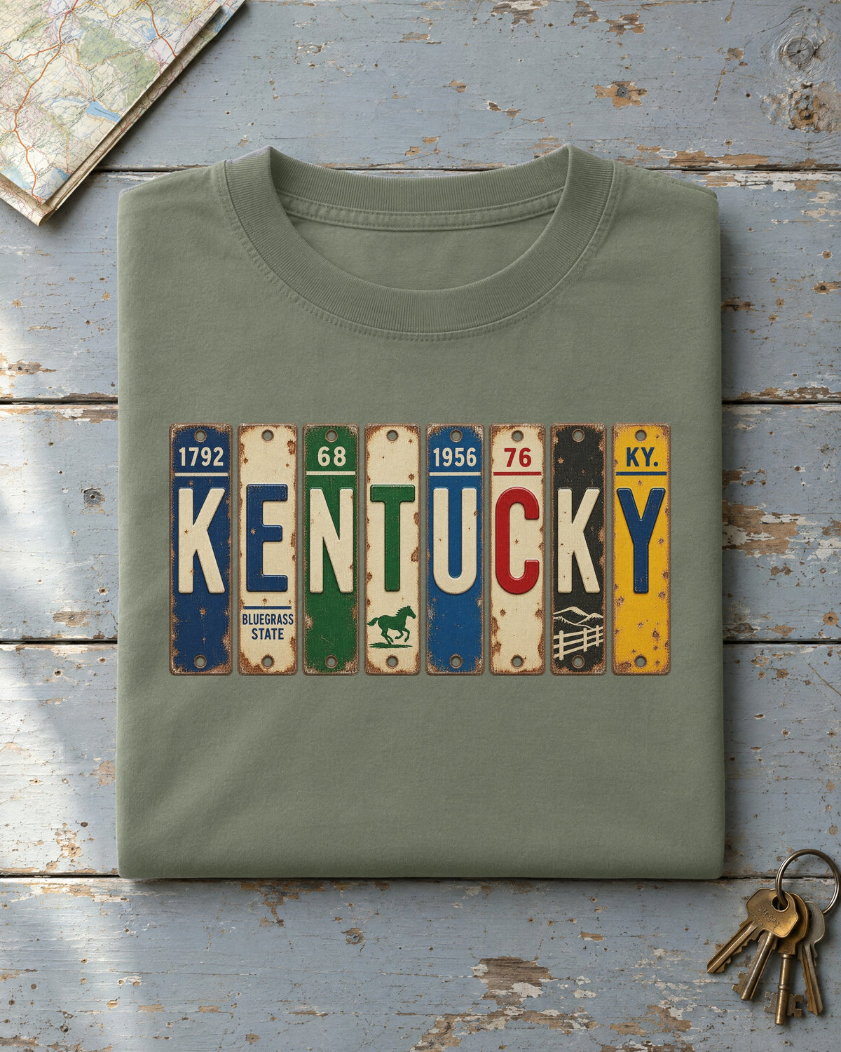 Kentucky vintage license plate t-shirt in Moss