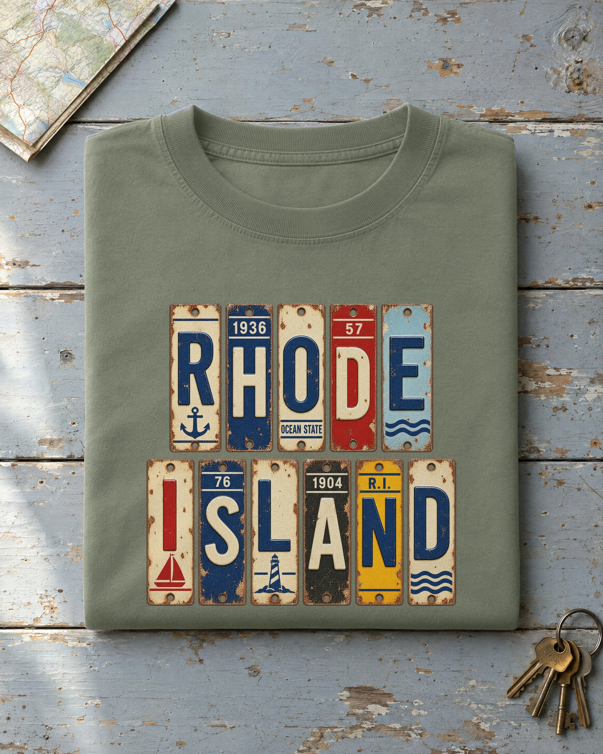 Rhode Island vintage license plate t-shirt in Moss