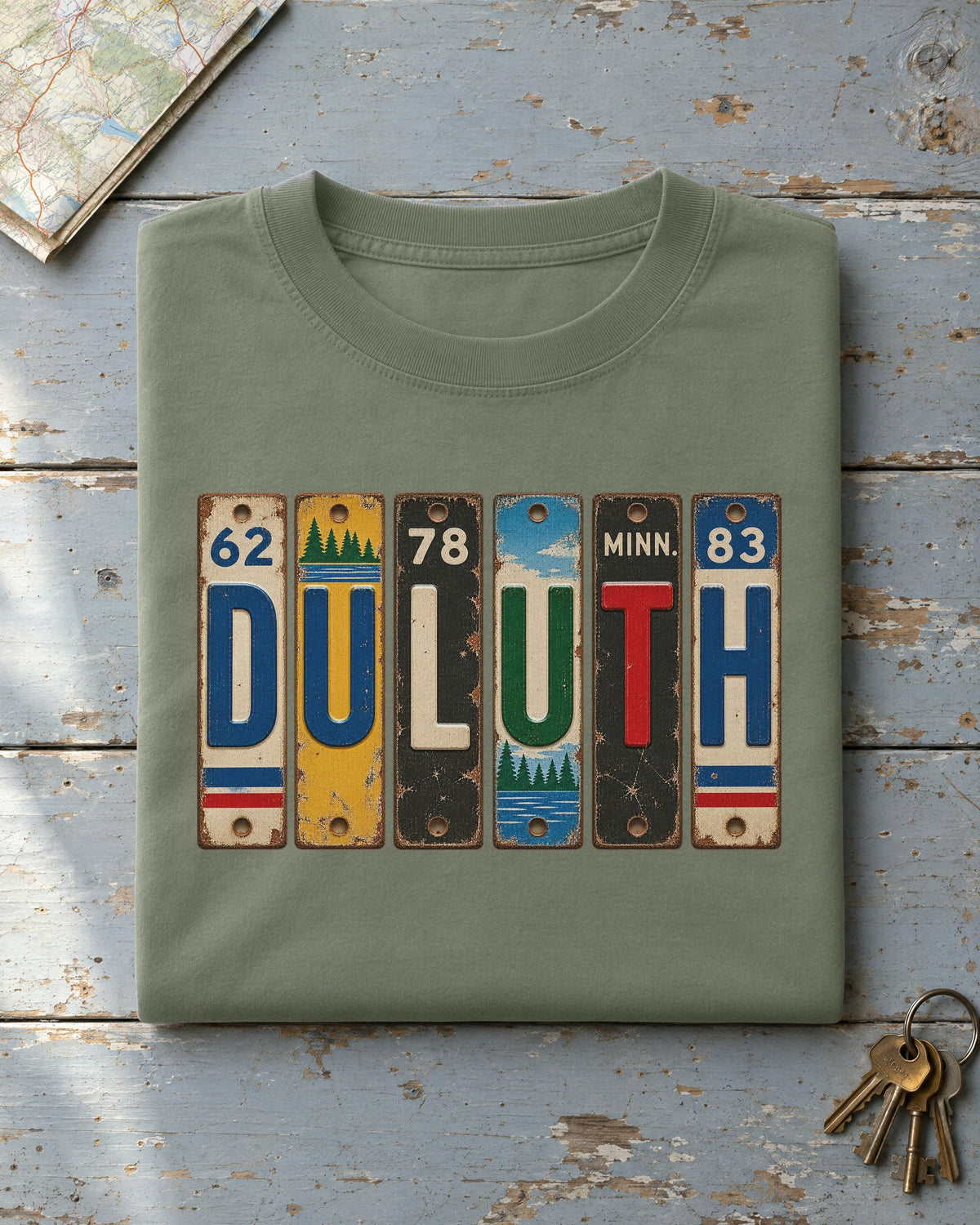 Duluth, Minnesota vintage license plate t-shirt in Moss