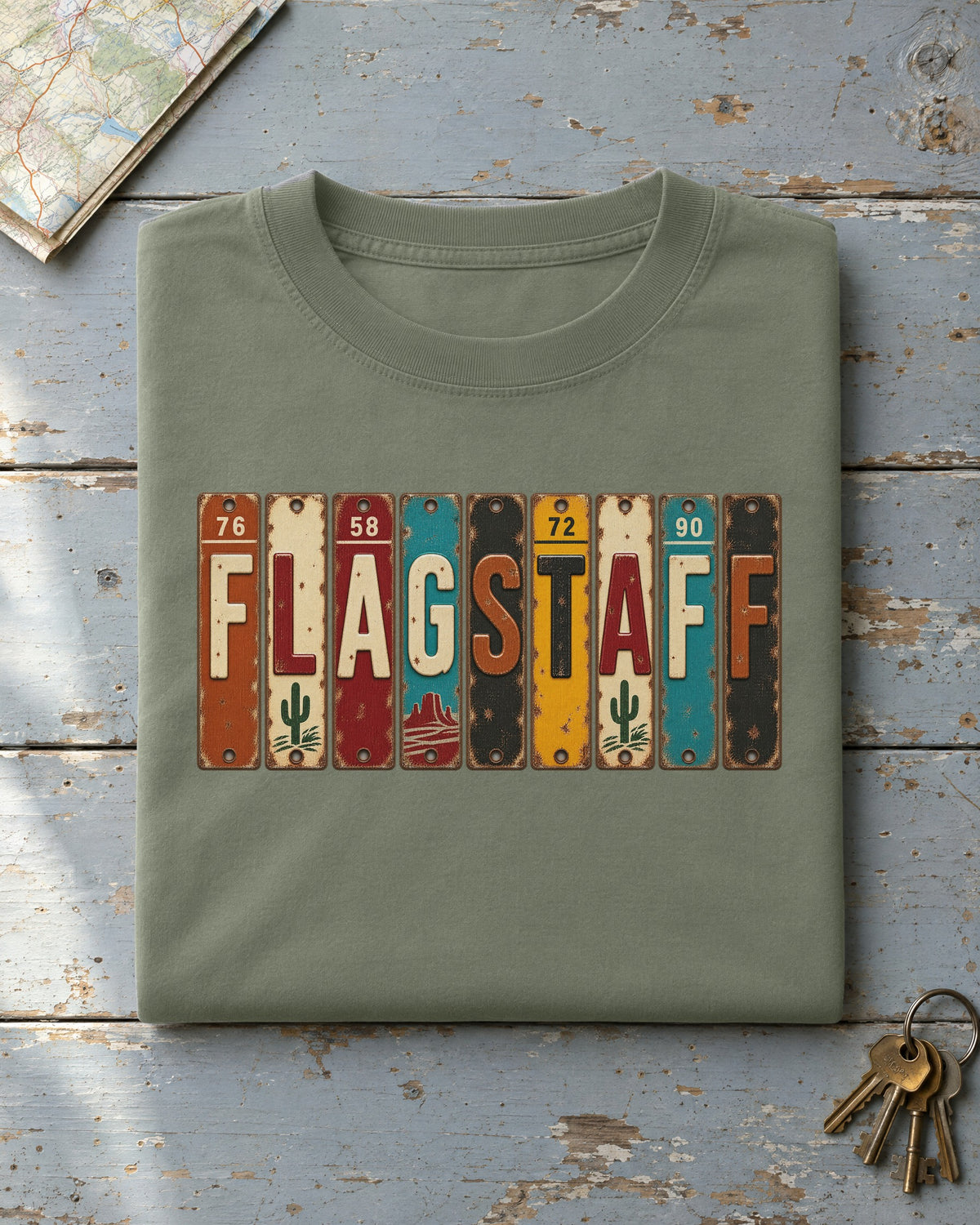 Flagstaff, Arizona vintage license plate t-shirt in Moss