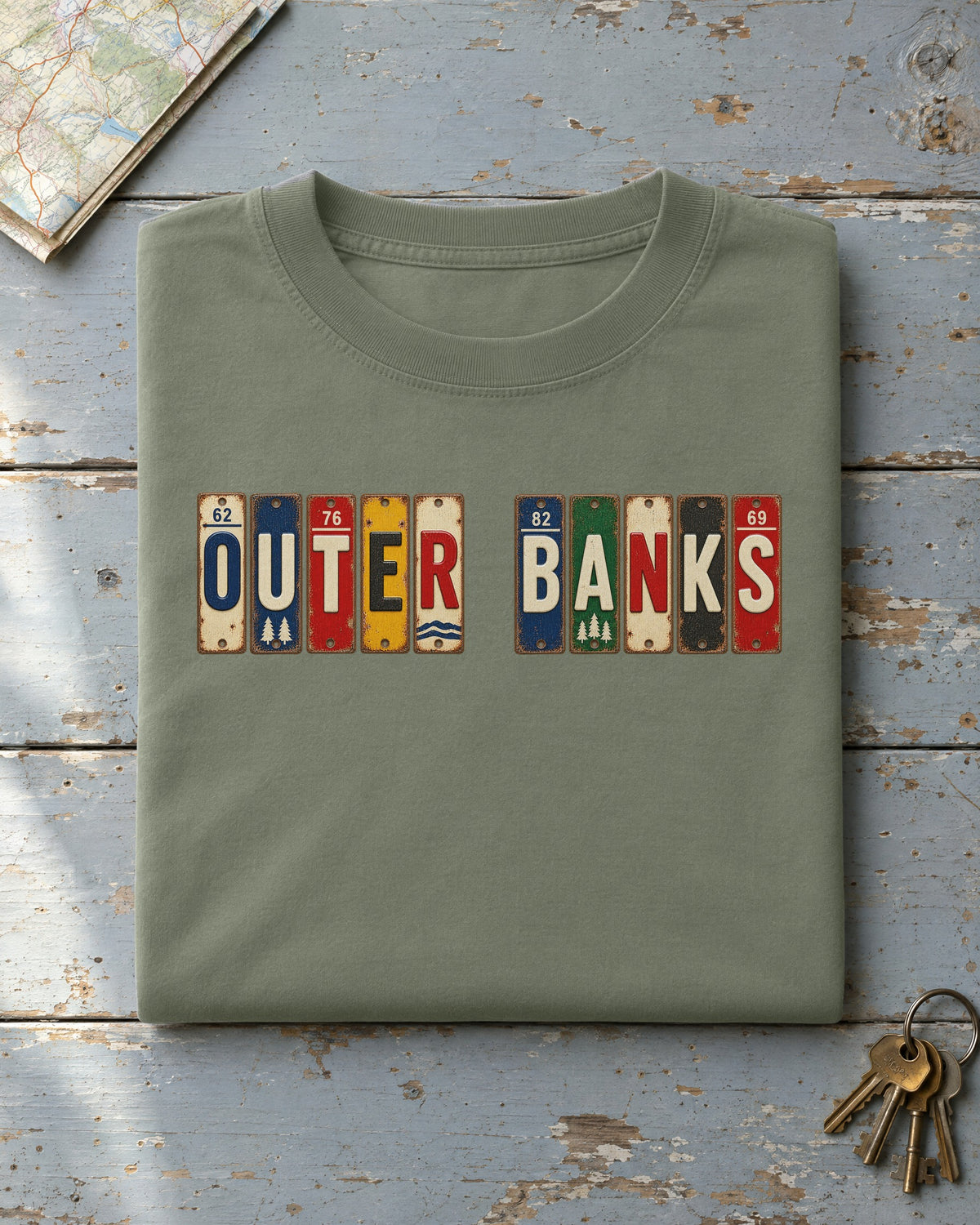 Outer Banks, North Carolina vintage license plate t-shirt in Moss