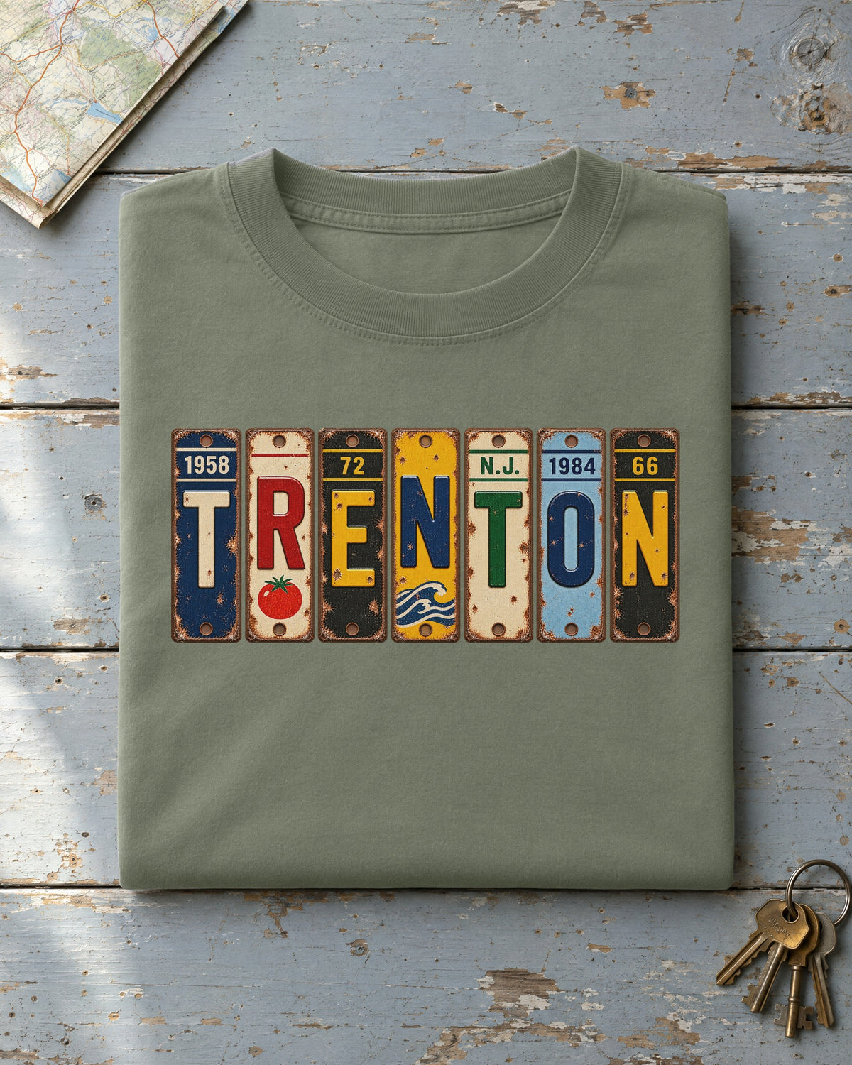Trenton, New Jersey vintage license plate t-shirt in Moss