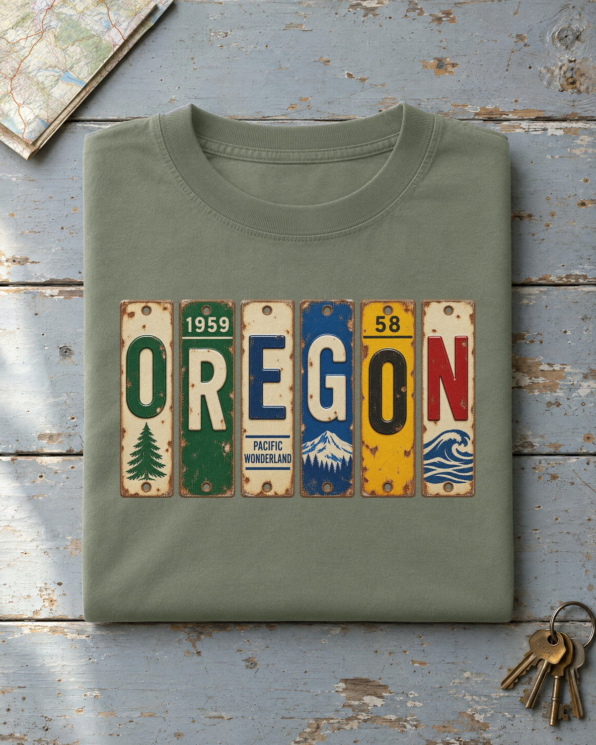 Oregon vintage license plate t-shirt in Moss