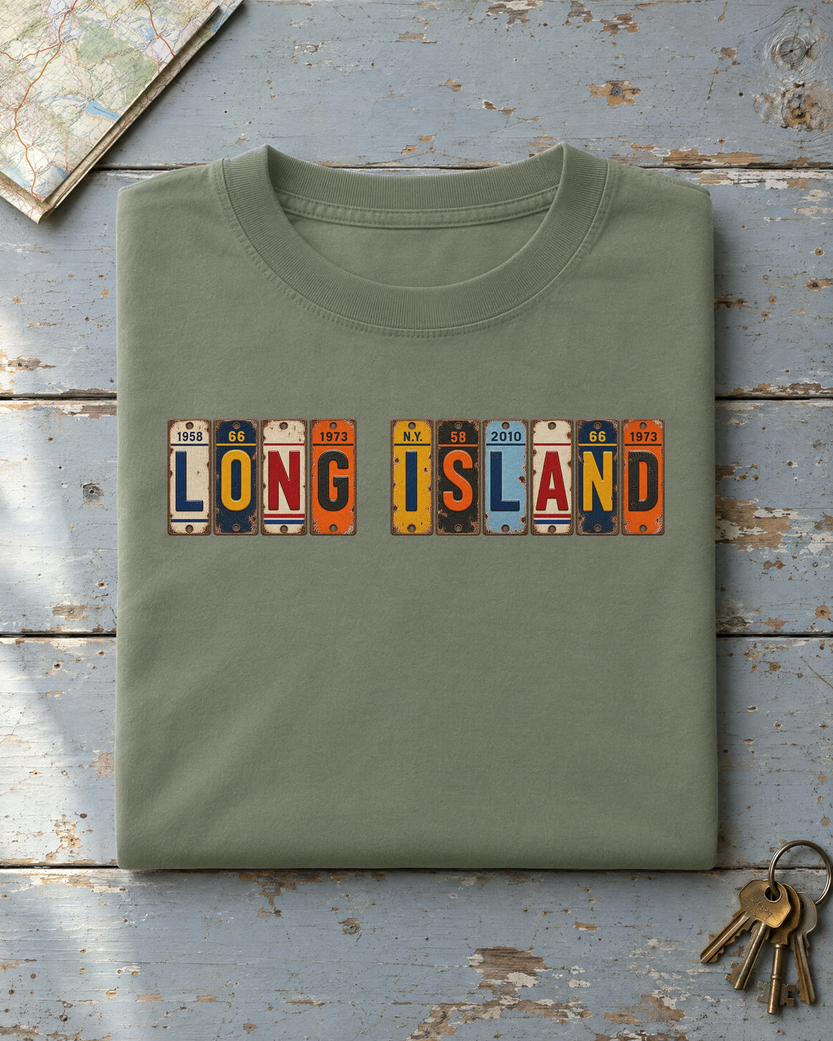 Long Island, New York vintage license plate t-shirt in Moss
