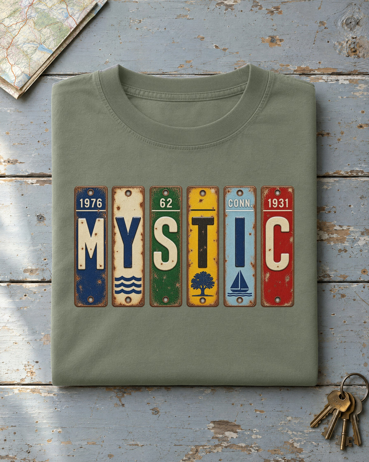 Mystic, Connecticut vintage license plate t-shirt in Moss