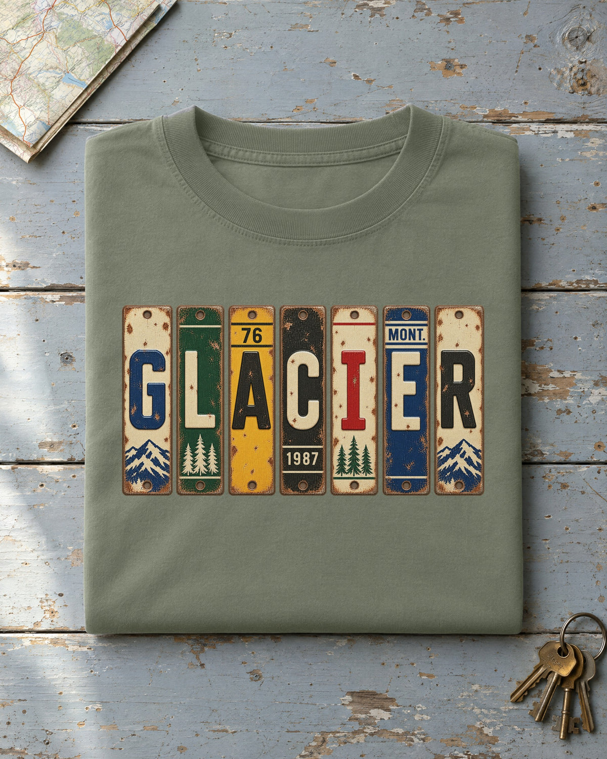 Glacier, Montana vintage license plate t-shirt in Moss