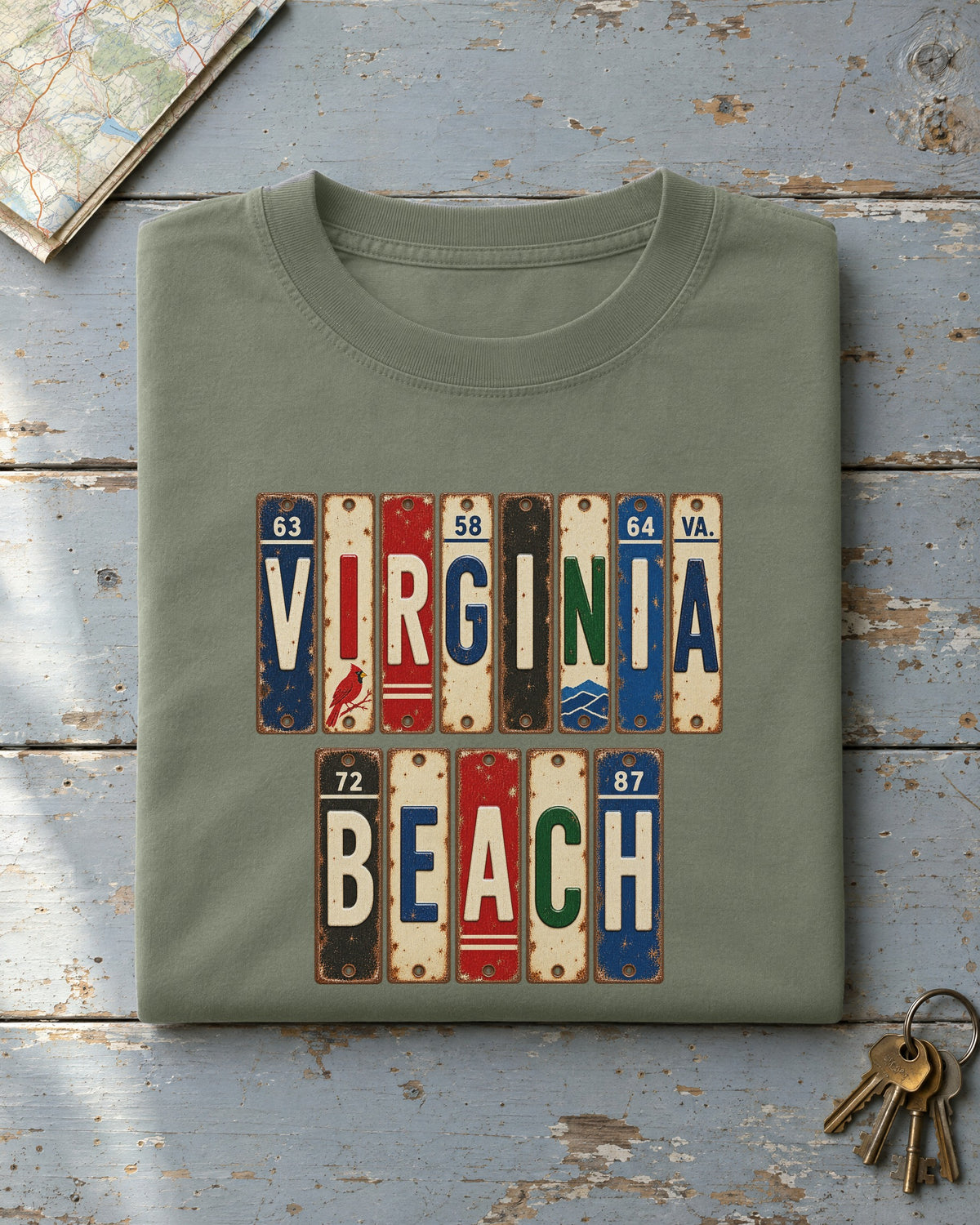 Virginia Beach, Virginia vintage license plate t-shirt in Moss