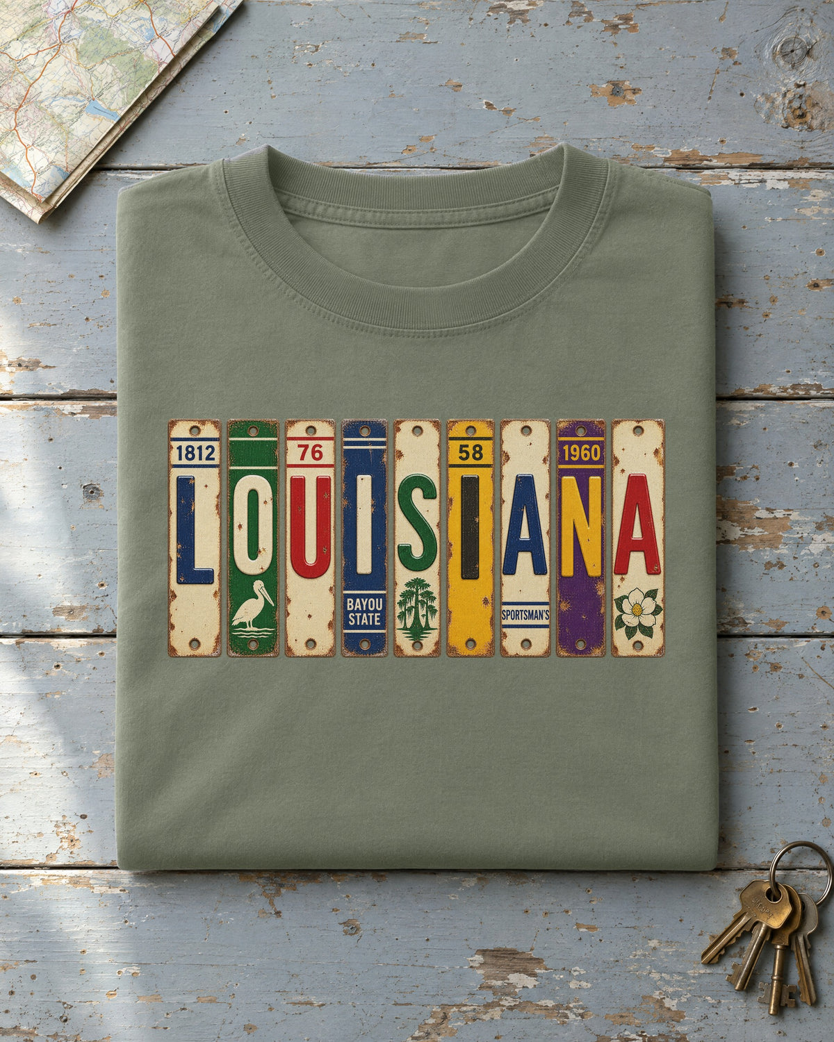 Louisiana vintage license plate t-shirt in Moss
