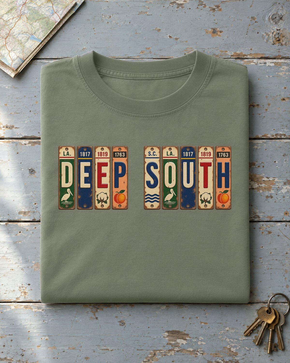 Deep South vintage license plate t-shirt in Moss