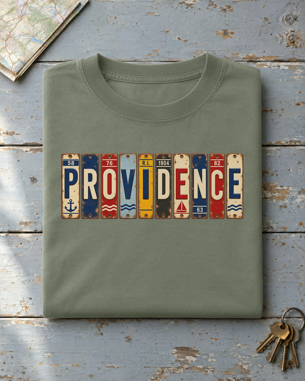 Providence, Rhode Island vintage license plate t-shirt in Moss
