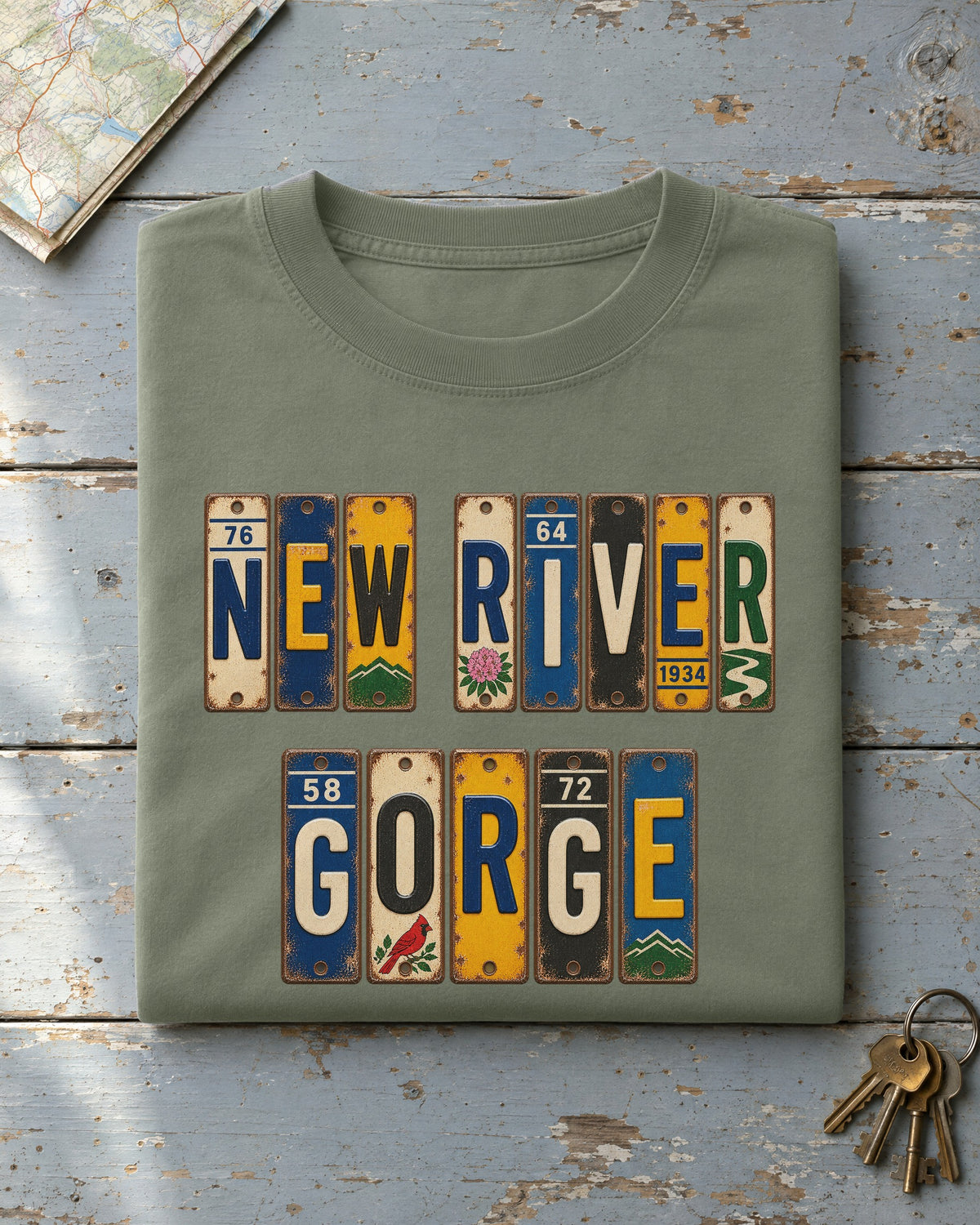 New River Gorge, West Virginia vintage license plate t-shirt in Moss