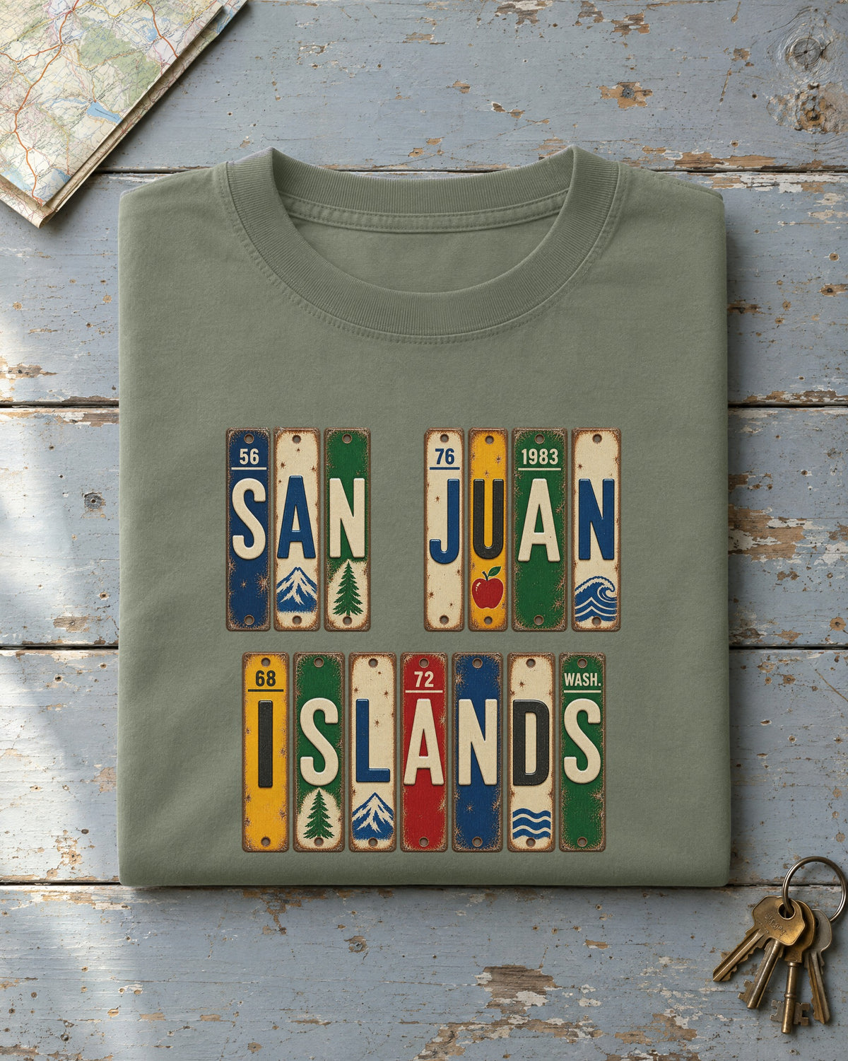 San Juan Islands, Washington vintage license plate t-shirt in Moss