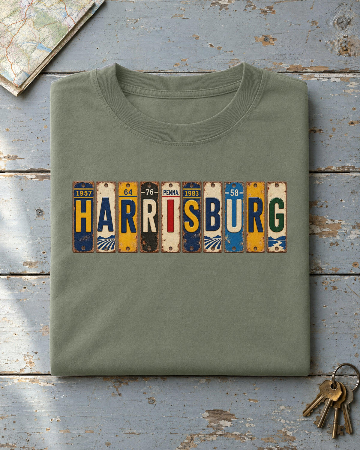 Harrisburg, Pennsylvania vintage license plate t-shirt in Moss