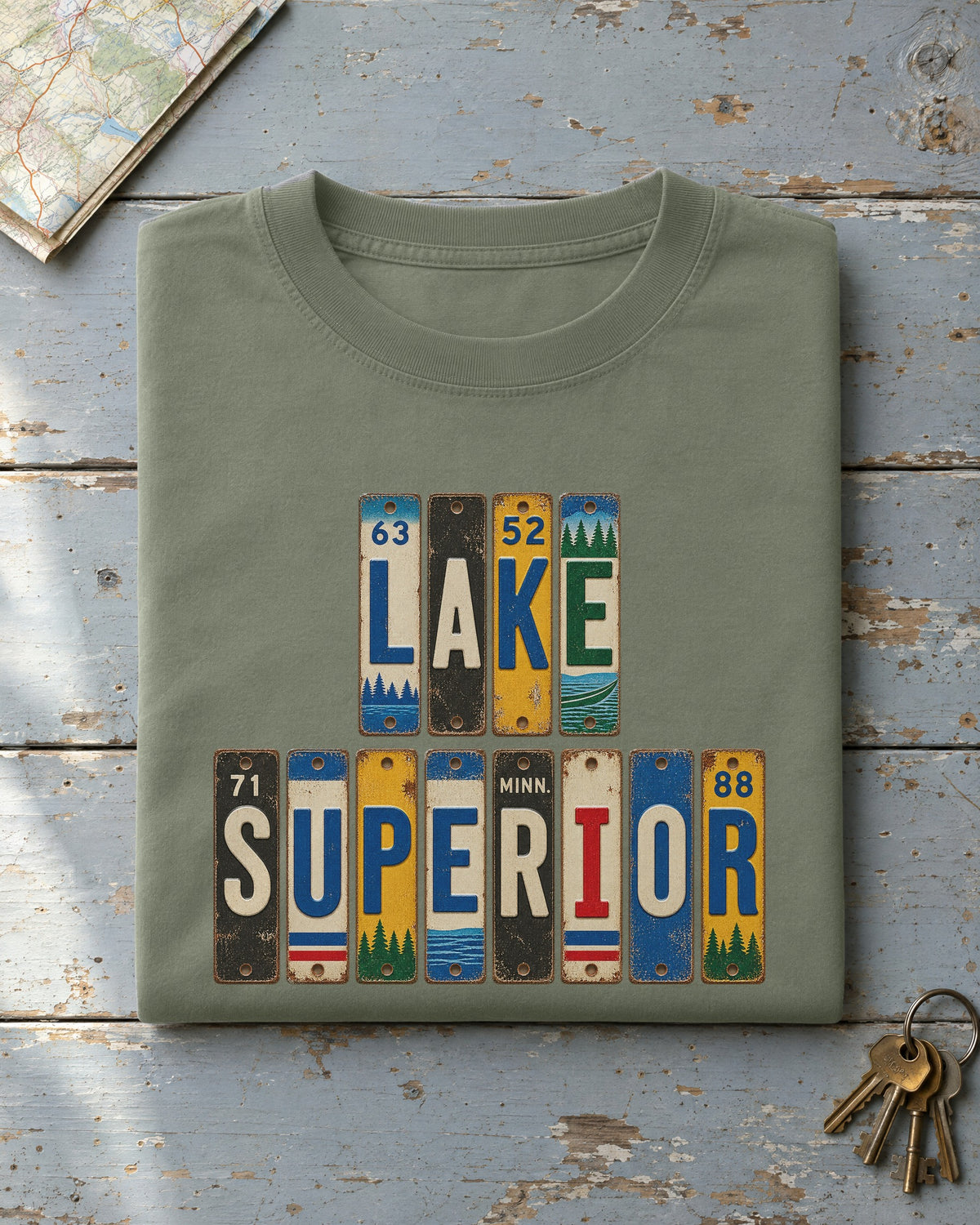 Lake Superior, Minnesota vintage license plate t-shirt in Moss
