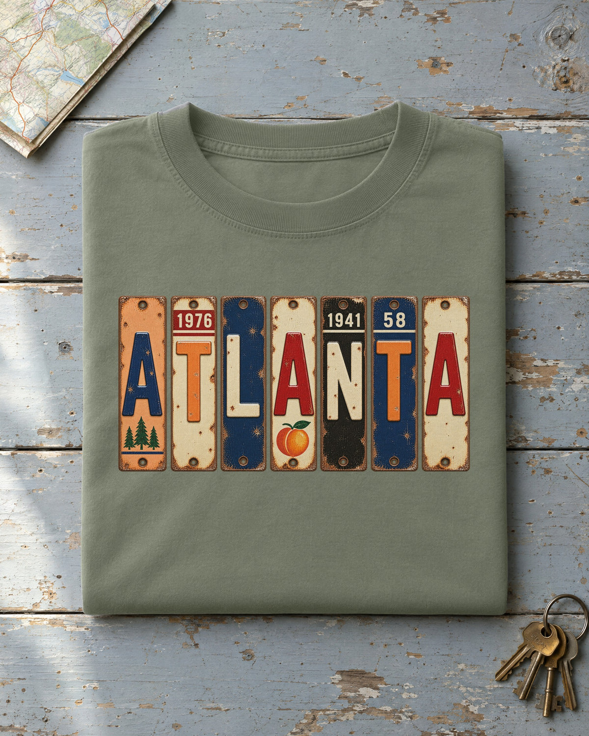 Atlanta, Georgia vintage license plate t-shirt in Moss