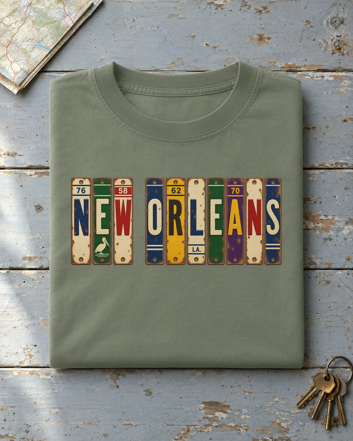 New Orleans, Louisiana vintage license plate t-shirt in Moss