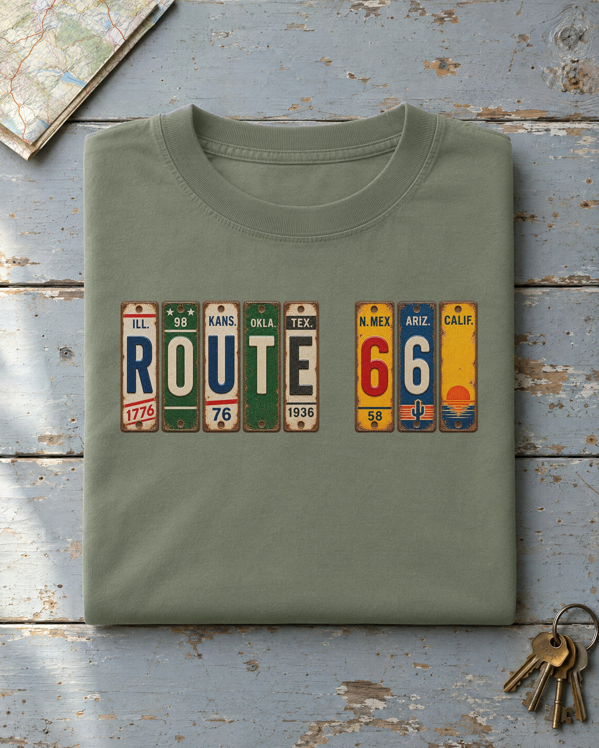 Route 66 vintage license plate t-shirt in Moss
