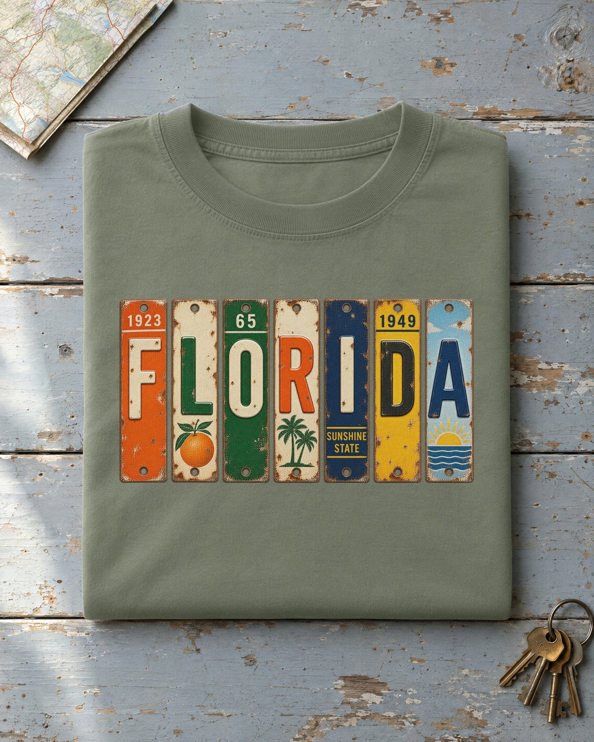 Florida vintage license plate t-shirt in Moss