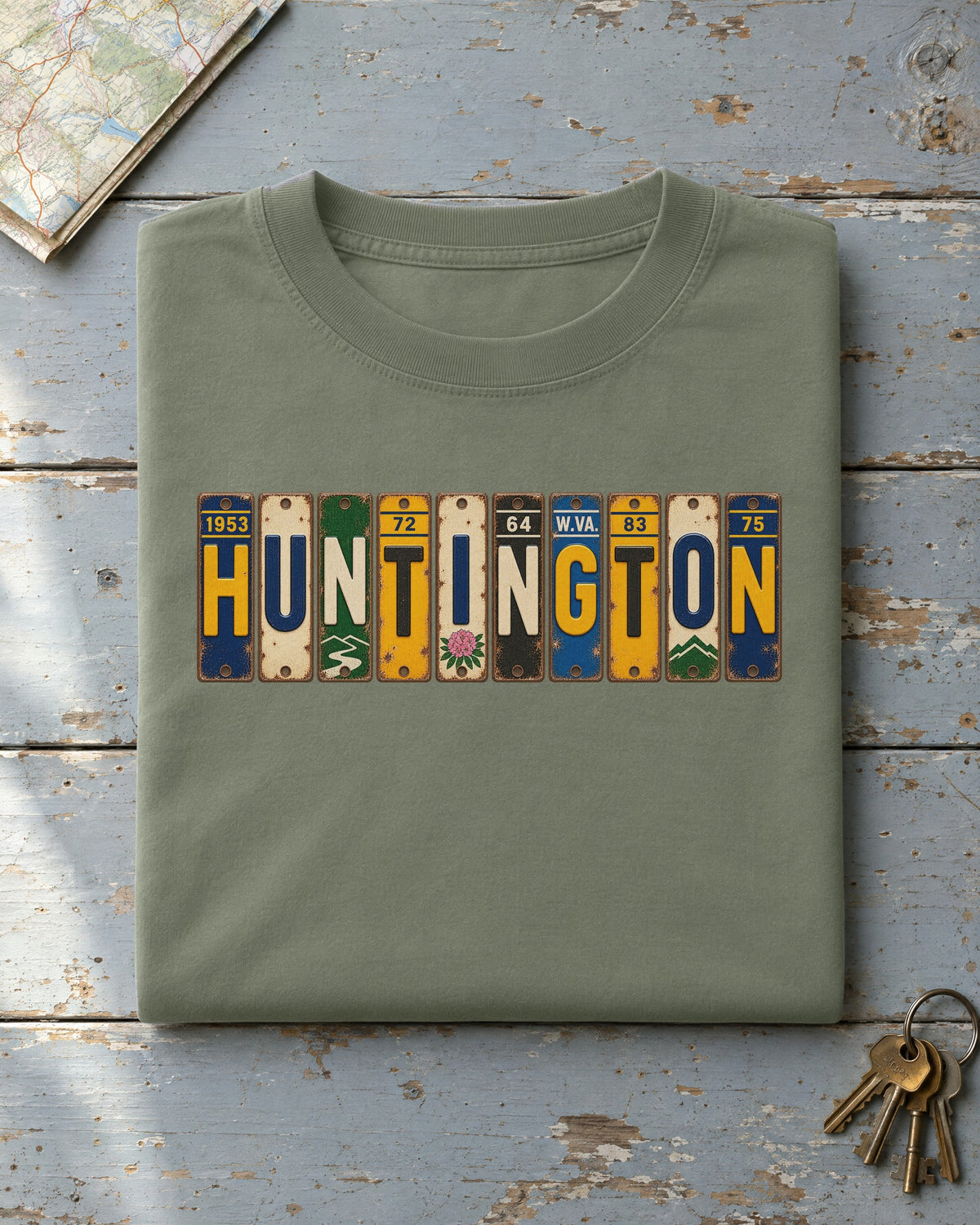 Huntington, West Virginia vintage license plate t-shirt in Moss