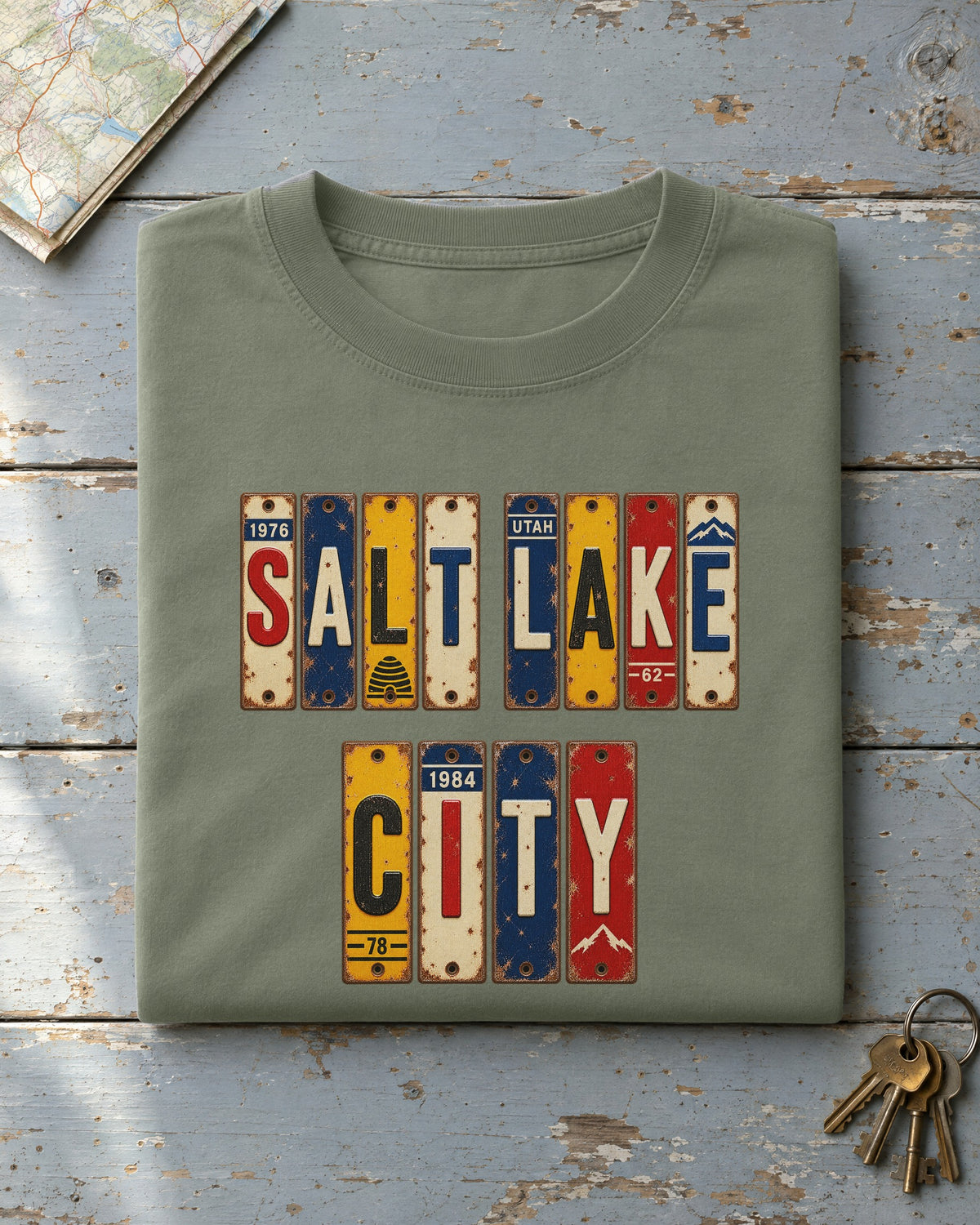 Salt Lake City, Utah vintage license plate t-shirt in Moss