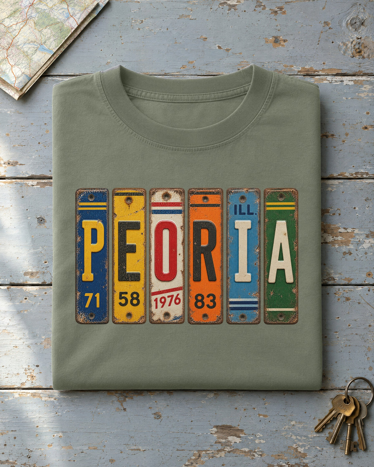 Peoria, Illinois vintage license plate t-shirt in Moss