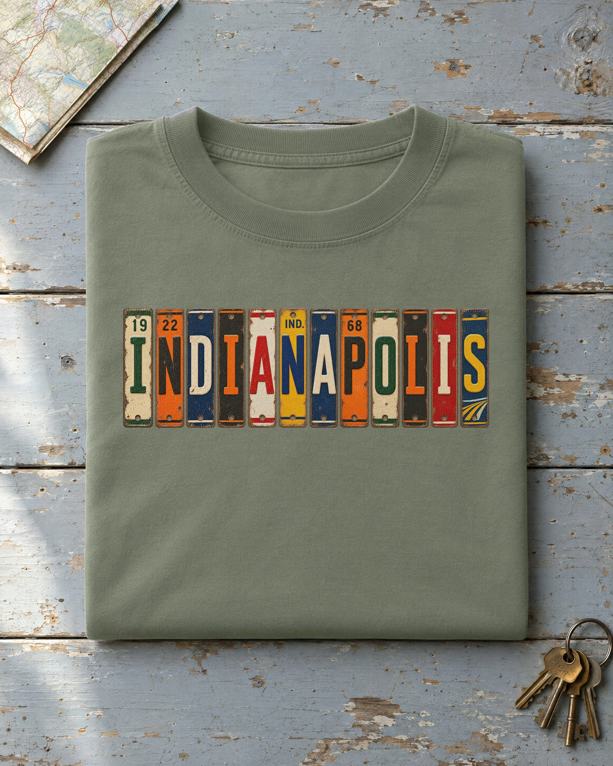 Indianapolis, Indiana vintage license plate t-shirt in Moss