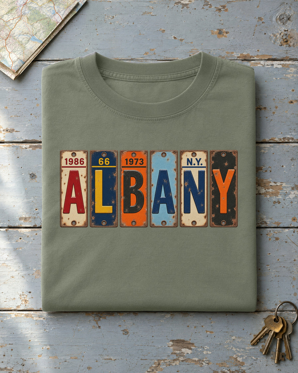 Albany, New York vintage license plate t-shirt in Moss