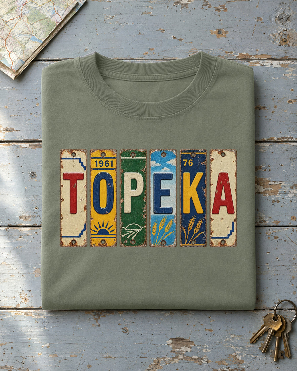 Topeka, Kansas vintage license plate t-shirt in Moss