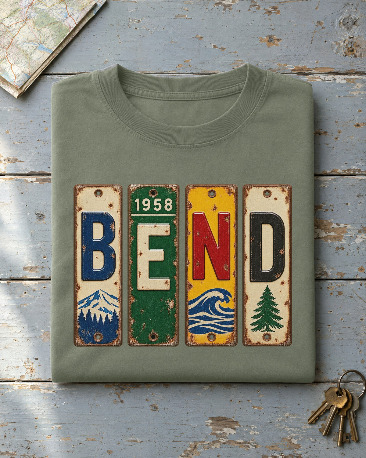 Bend, Oregon vintage license plate t-shirt in Moss