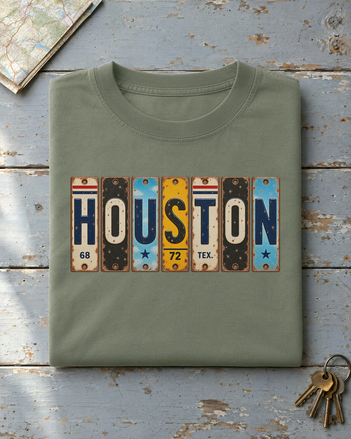 Houston, Texas vintage license plate t-shirt in Moss