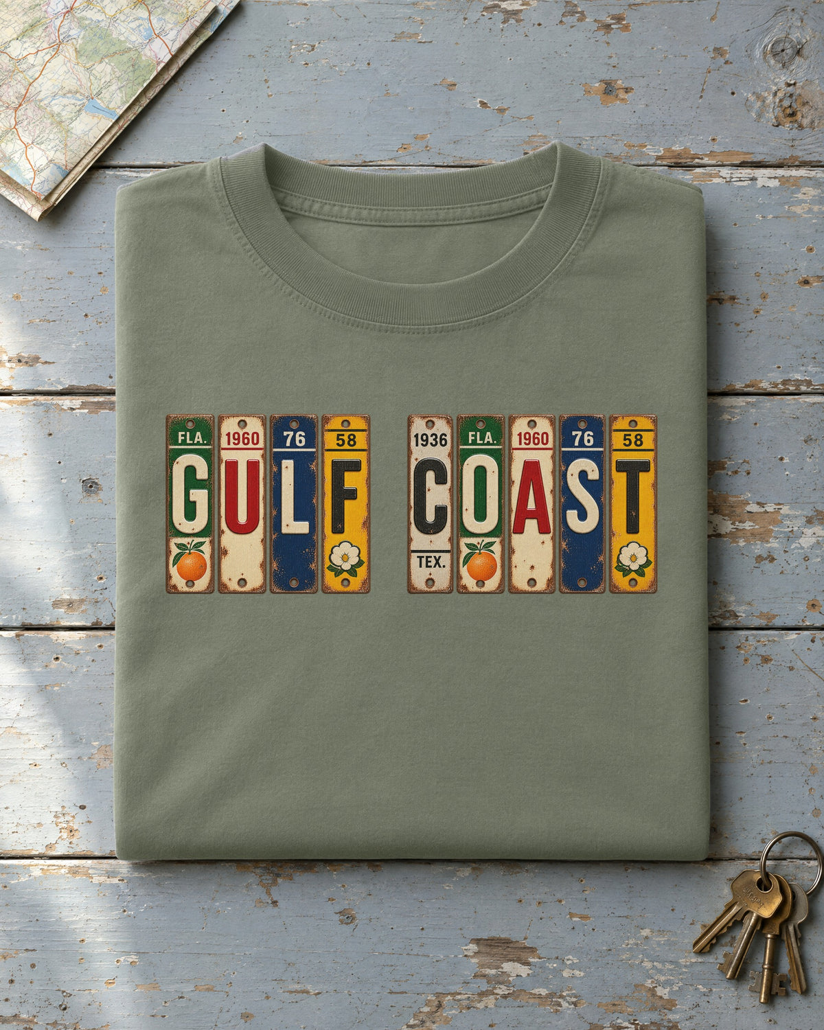 Gulf Coast vintage license plate t-shirt in Moss