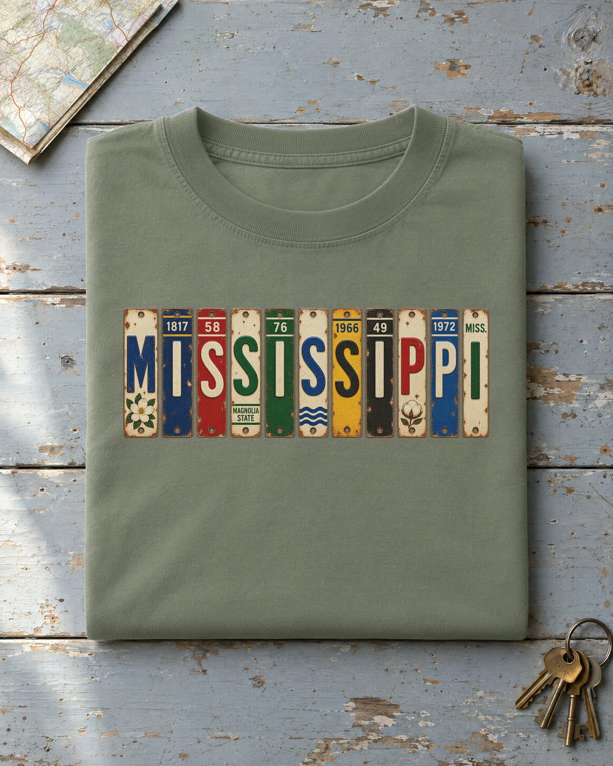 Mississippi vintage license plate t-shirt in Moss
