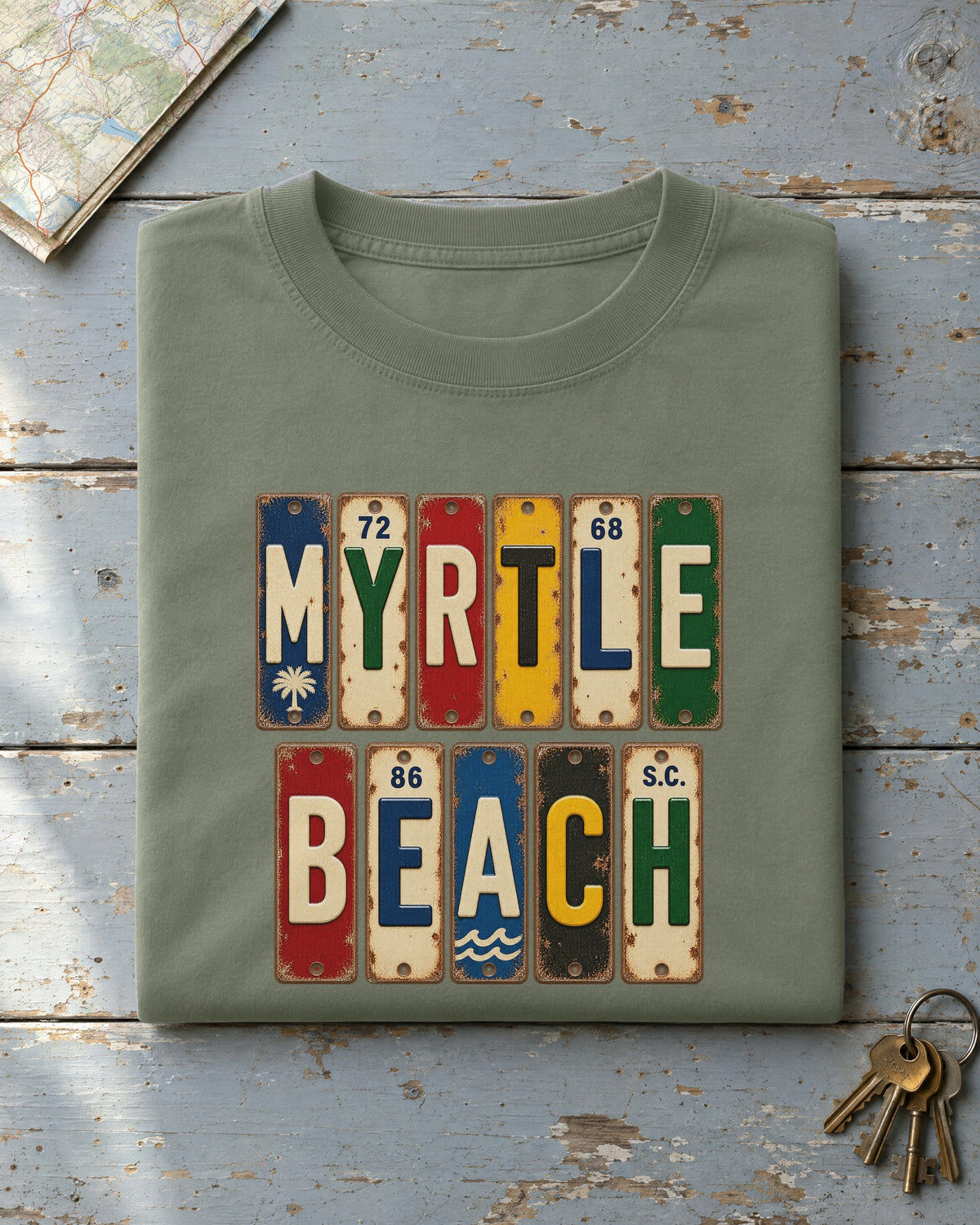 Myrtle Beach, South Carolina vintage license plate t-shirt in Moss