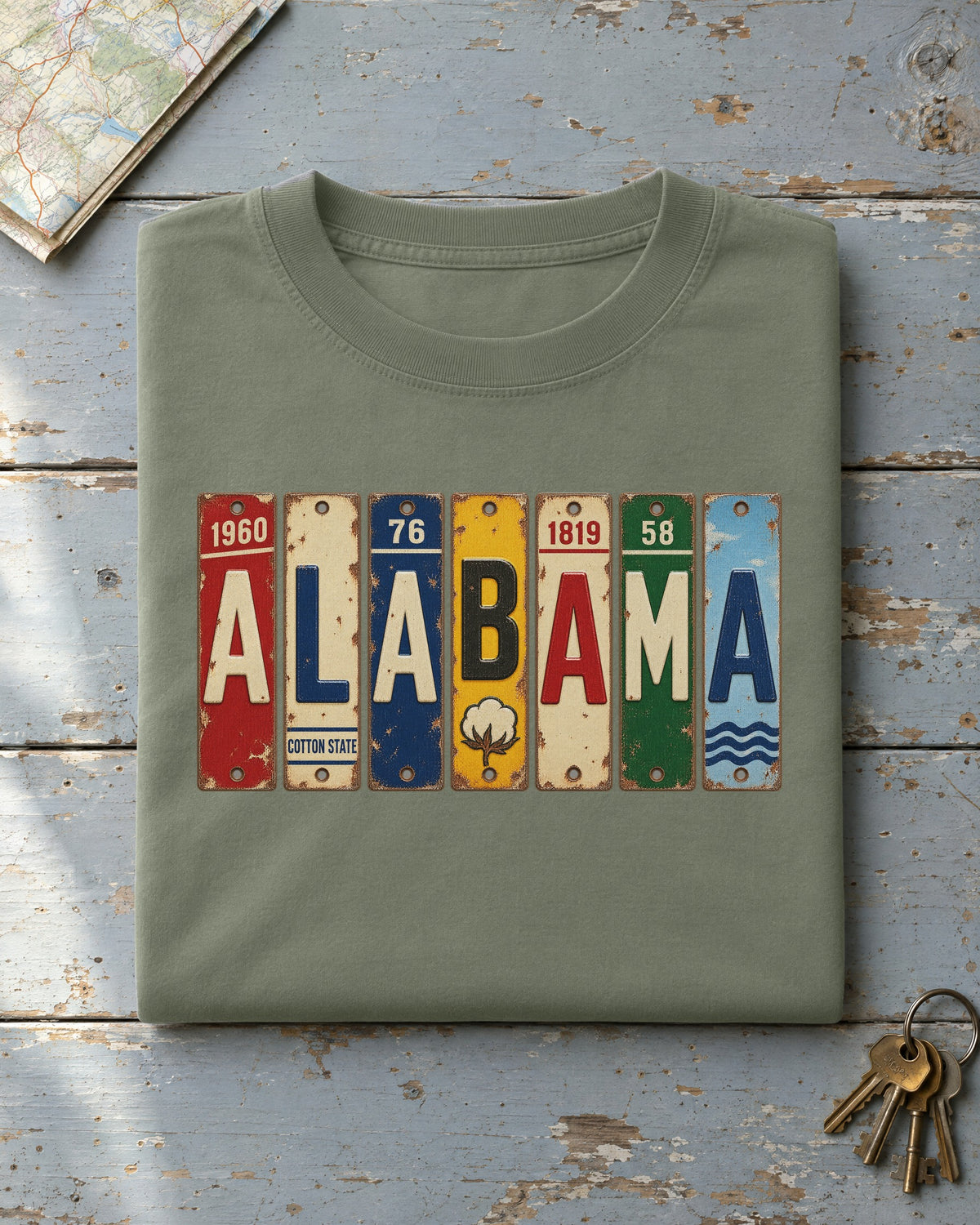 Alabama vintage license plate t-shirt in Moss
