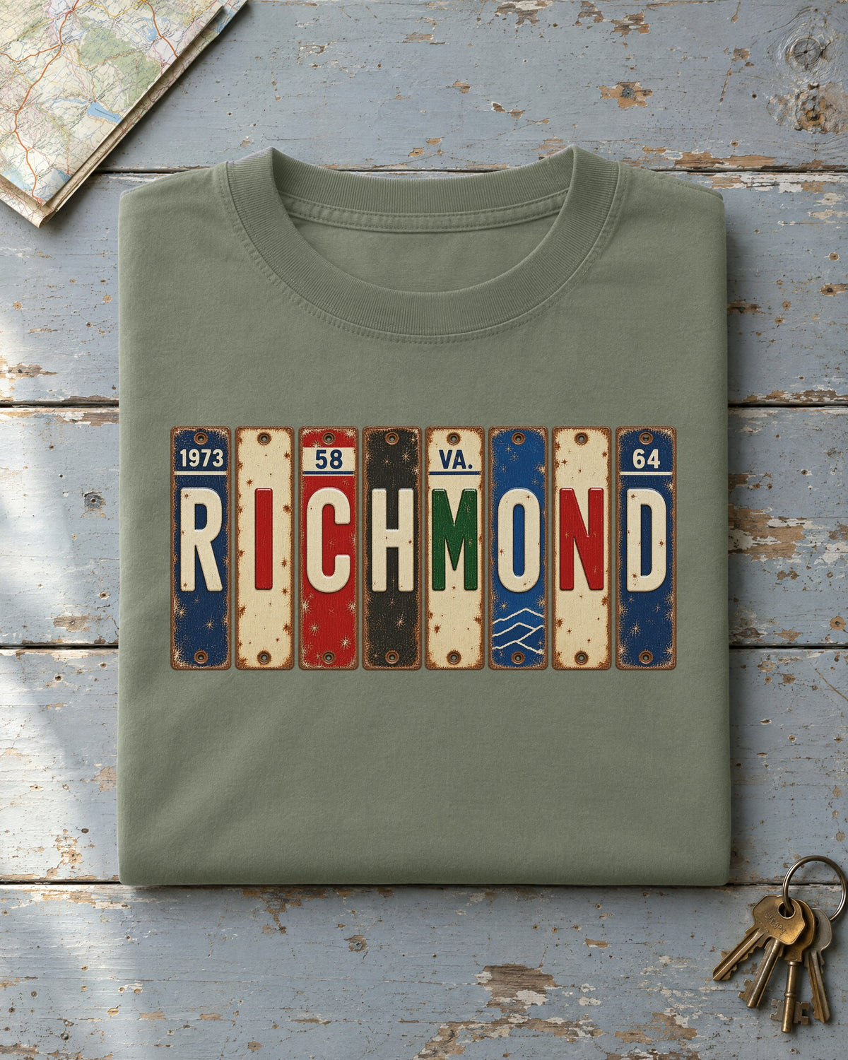 Richmond, Virginia vintage license plate t-shirt in Moss
