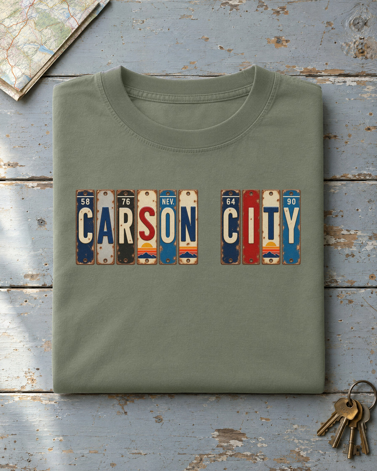 Carson City, Nevada vintage license plate t-shirt in Moss