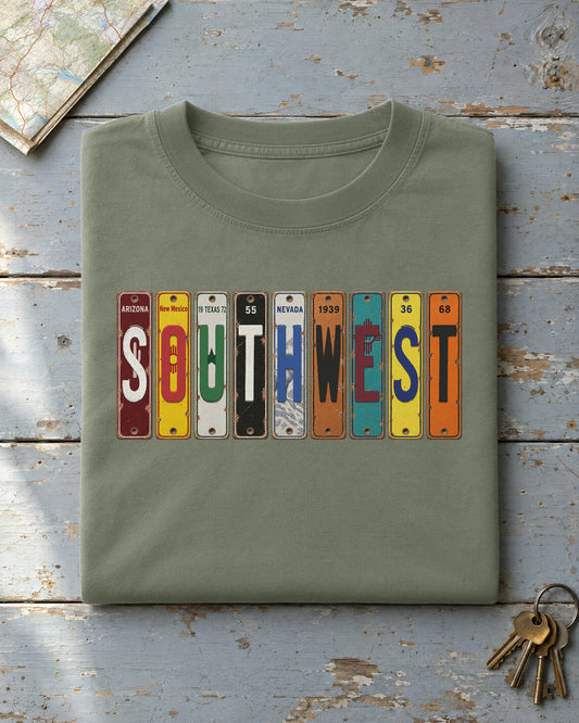Southwest vintage license plate t-shirt in Moss