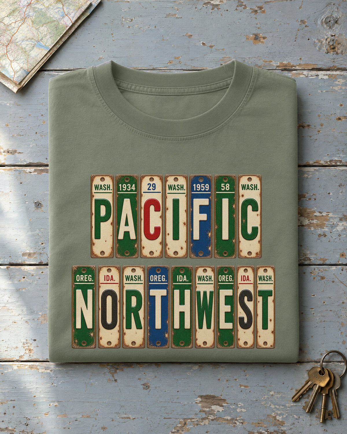 Pacific Northwest vintage license plate t-shirt in Moss