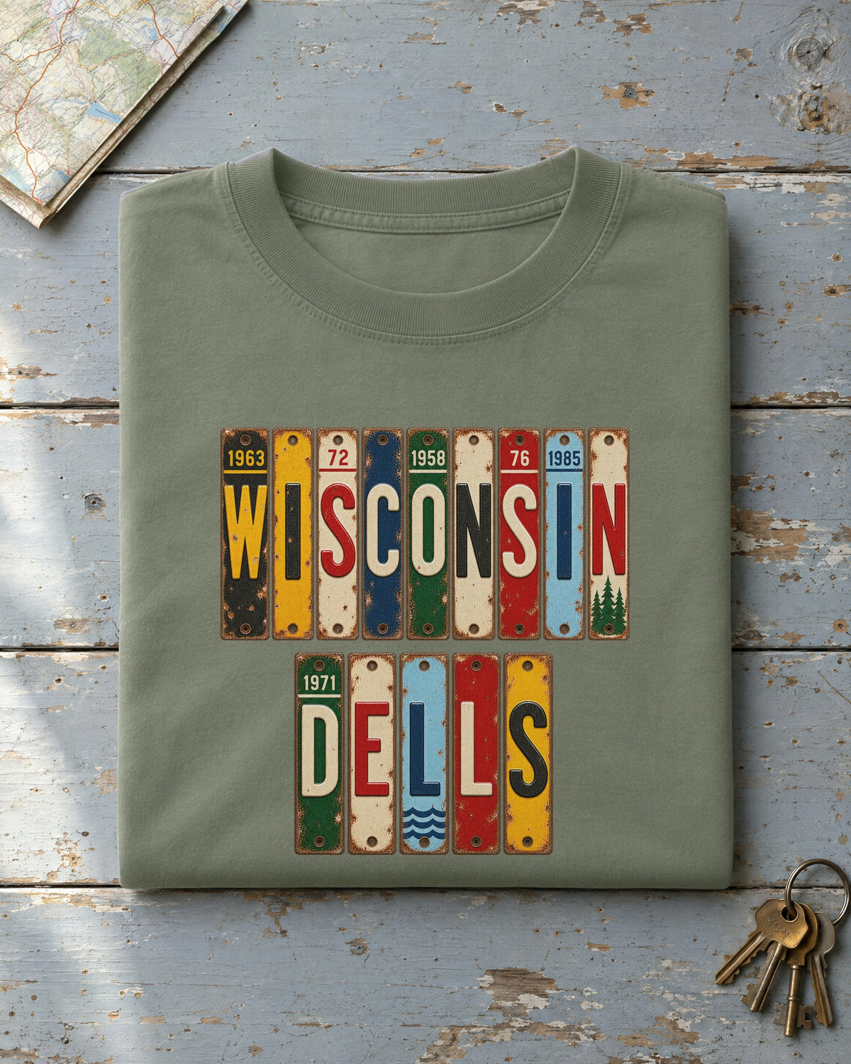 Wisconsin Dells, Wisconsin vintage license plate t-shirt in Moss