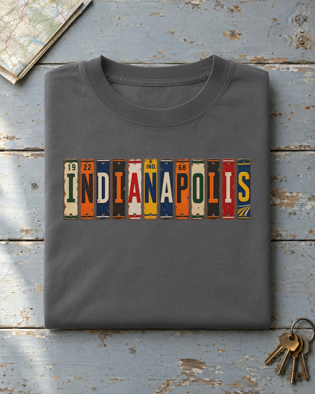 Indianapolis, Indiana vintage license plate t-shirt in Pepper