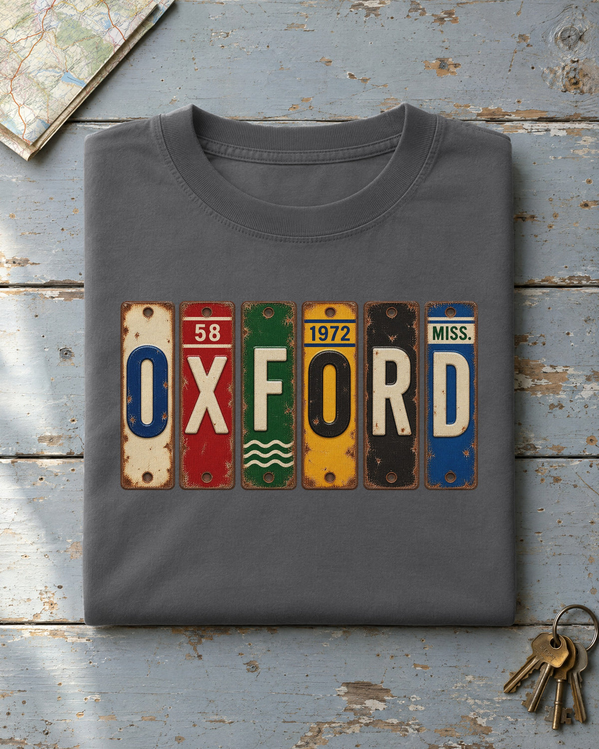 Oxford, Mississippi vintage license plate t-shirt in Pepper