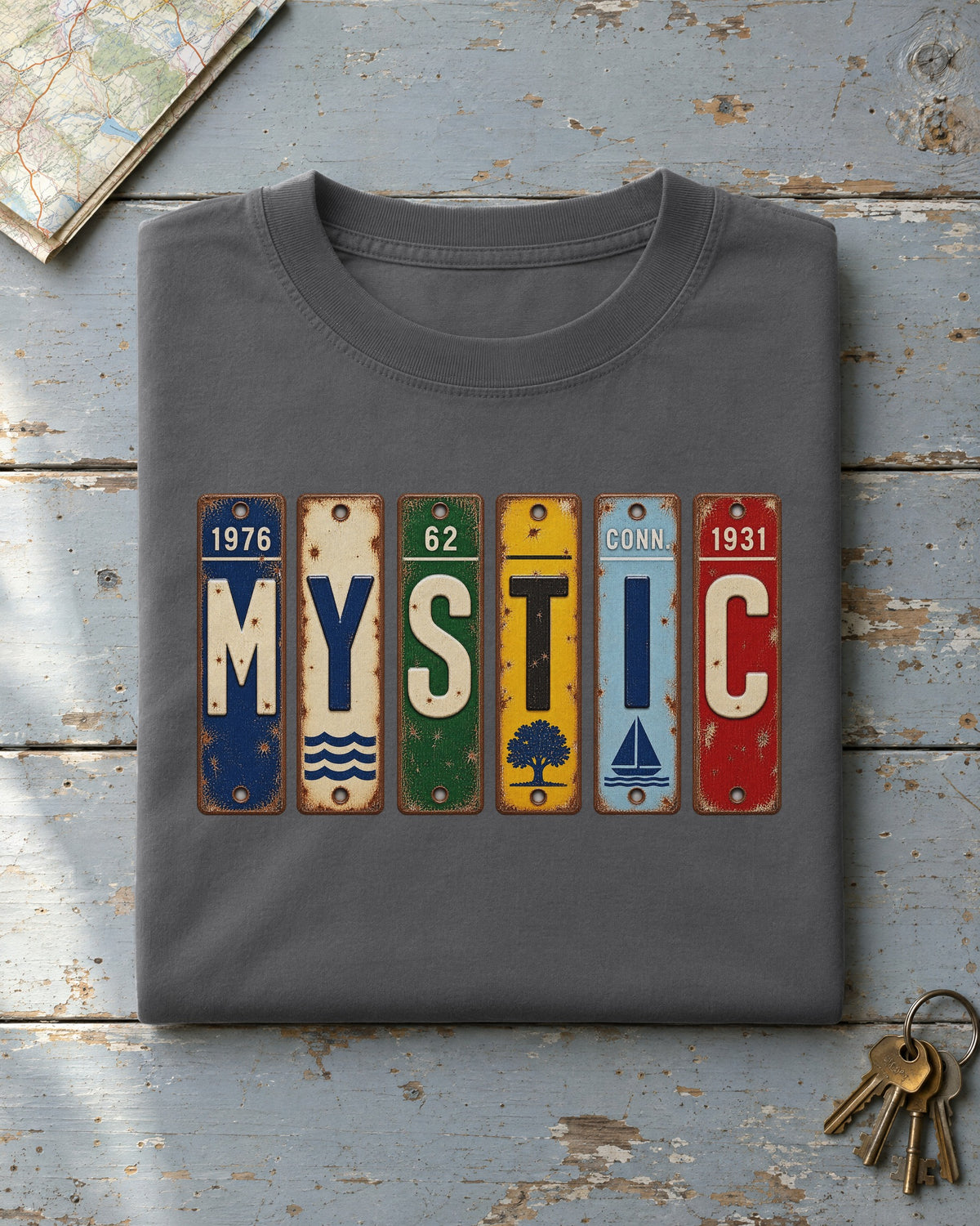 Mystic, Connecticut vintage license plate t-shirt in Pepper
