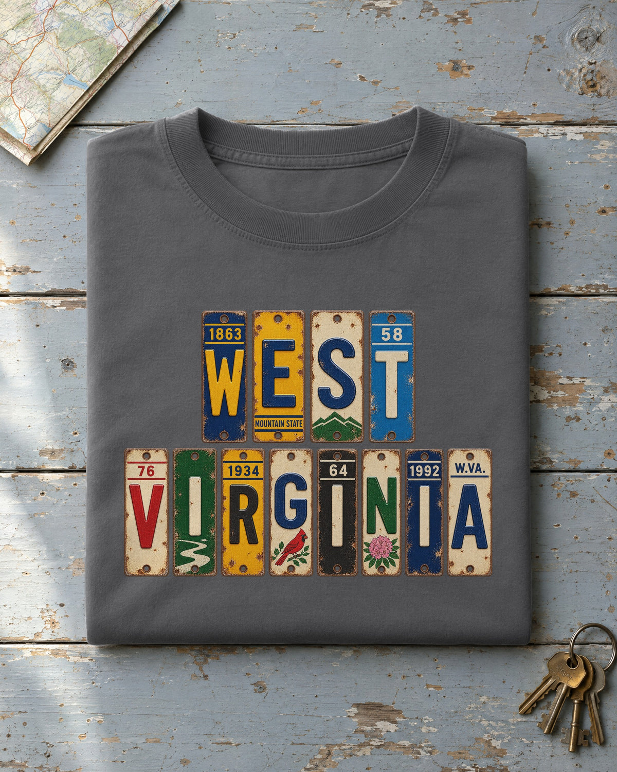 West Virginia vintage license plate t-shirt in Pepper