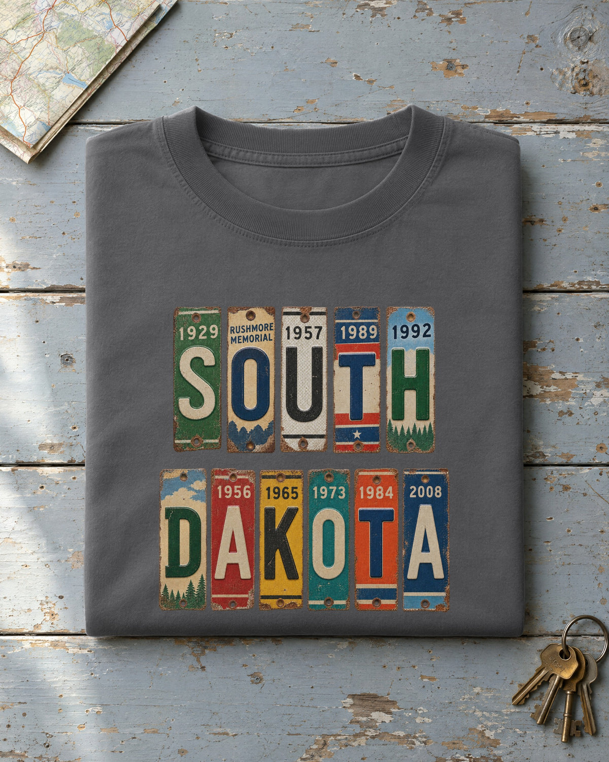 South Dakota vintage license plate t-shirt in Pepper