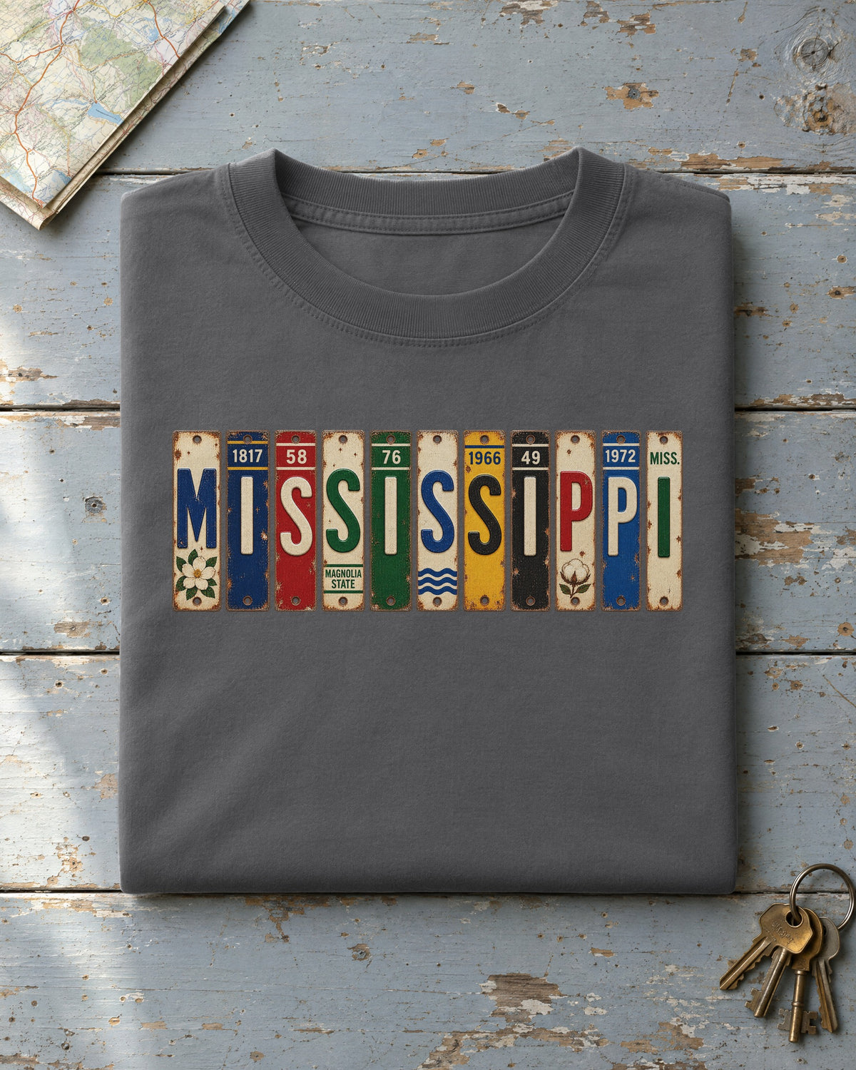 Mississippi vintage license plate t-shirt in Pepper