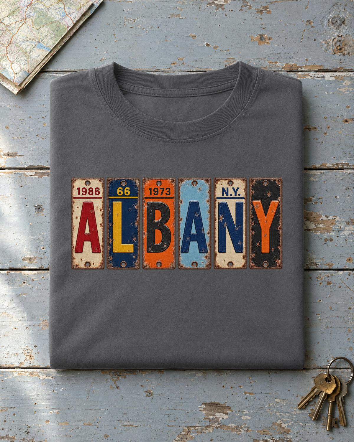 Albany, New York vintage license plate t-shirt in Pepper